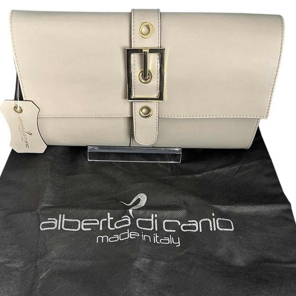 Alberta Di Canio Italian Leather Beige Gray Clutch Handbag Wristlet Taupe New